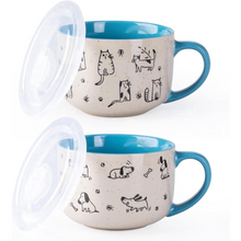 Load image into Gallery viewer, AmorArc 32 Ounces Ceramic Soup Mugs with Lids and Handle, Stoneware Bowls Cup Set of 2 for Soup, Stew, Noodle, Beautiful Mug Bowls With Lovely Dog,Cat Patterns, Microwave&Dishwasher Safe, Blue