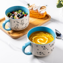 Load image into Gallery viewer, AmorArc 32 Ounces Ceramic Soup Mugs with Lids and Handle, Stoneware Bowls Cup Set of 2 for Soup, Stew, Noodle, Beautiful Mug Bowls With Lovely Dog,Cat Patterns, Microwave&Dishwasher Safe, Blue