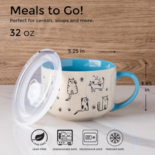 Load image into Gallery viewer, AmorArc 32 Ounces Ceramic Soup Mugs with Lids and Handle, Stoneware Bowls Cup Set of 2 for Soup, Stew, Noodle, Beautiful Mug Bowls With Lovely Dog,Cat Patterns, Microwave&Dishwasher Safe, Blue