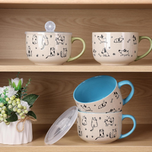 Load image into Gallery viewer, AmorArc 32 Ounces Ceramic Soup Mugs with Lids and Handle, Stoneware Bowls Cup Set of 2 for Soup, Stew, Noodle, Beautiful Mug Bowls With Lovely Dog,Cat Patterns, Microwave&Dishwasher Safe, Blue