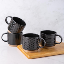 Load image into Gallery viewer, AmorArc 12OZ Stackable Coffee Mugs, Ceramic Coffee Mugs with Texture Patterns for Man,Woman,Dad,Mom, Modern Coffee Mugs Set of 4 for Latte/Cappuccino/Cocoa. Dishwasher&Microwave Safe, Black