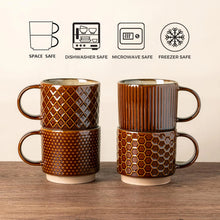 Load image into Gallery viewer, AmorArc 12OZ Stackable Coffee Mugs, Ceramic Coffee Cups with Texture Patterns for Man,Woman,Dad,Mom, Modern Coffee Mugs Set of 4 for Latte/Cappuccino/Cocoa. Dishwasher&Microwave Safe, Caramel