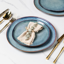 Load image into Gallery viewer, AmorArc Ceramic Dinner Plates Set of 6, 10.5 Inch Handmade Reactive Glaze Stoneware Plates, Rustic Shape Dinnerware Dish Set for Kitchen, Microwave & Dishwasher Safe, Scratch Resistant-Ceylon Blue