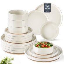 Load image into Gallery viewer, AmorArc Ceramic Dinnerware Set for 4 | Speckled Stoneware Plates and Bowls with unglazed terracotta | Scratch Resistant, Dishwasher & Microwave Safe ,Service for 4 Dishes Set(12pcs),Beige