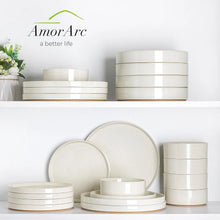 Load image into Gallery viewer, AmorArc Ceramic Dinnerware Set for 4 | Speckled Stoneware Plates and Bowls with unglazed terracotta | Scratch Resistant, Dishwasher & Microwave Safe ,Service for 4 Dishes Set(12pcs),Beige