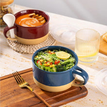 Load image into Gallery viewer, AmorArc Ceramic Soup Mugs with Handles and Lids,24 OZ Soup Cups Set of 2 with Terracotta Underside,Mug Bowls with Spoon for Soup/Cereal/Salad/Noodles/Ramen/Microware &Dishwasher Safe-Blue&Red