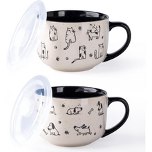 Load image into Gallery viewer, AmorArc 32 Ounces Ceramic Soup Mugs with Lids and Handle, Stoneware Bowls Cup Set of 2 for Soup, Stew, Noodle, Beautiful Mug Bowls With Lovely Dog,Cat Patterns, Microwave&Dishwasher Safe, Black