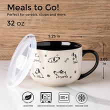 Load image into Gallery viewer, AmorArc 32 Ounces Ceramic Soup Mugs with Lids and Handle, Stoneware Bowls Cup Set of 2 for Soup, Stew, Noodle, Beautiful Mug Bowls With Lovely Dog,Cat Patterns, Microwave&Dishwasher Safe, Black