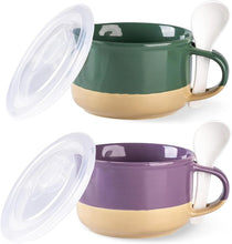 Load image into Gallery viewer, AmorArc Ceramic Soup Mugs with Handles and Lids,24 OZ Soup Cups Set of 2 with Terracotta Underside,Mug Bowls with Spoon for Soup/Cereal/Salad/Noodles/Ramen/Microware &Dishwasher Safe-Green&Purple