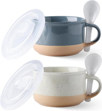 Load image into Gallery viewer, AmorArc Ceramic Soup Mugs with Handles and Lids,24 OZ Soup Cups Set of 2 with Terracotta Underside,Mug Bowls with Spoon for Soup/Cereal/Salad/Noodles/Ramen/Microware &Dishwasher Safe-Grey&Beige