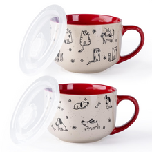 Load image into Gallery viewer, AmorArc 32 Ounces Ceramic Soup Mugs with Lids and Handle, Stoneware Bowls Cup Set of 2 for Soup, Stew, Noodle, Beautiful Mug Bowls With Lovely Dog,Cat Patterns, Microwave&Dishwasher Safe,Red
