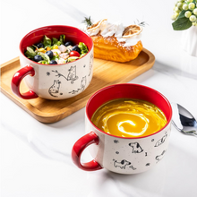 Load image into Gallery viewer, AmorArc 32 Ounces Ceramic Soup Mugs with Lids and Handle, Stoneware Bowls Cup Set of 2 for Soup, Stew, Noodle, Beautiful Mug Bowls With Lovely Dog,Cat Patterns, Microwave&Dishwasher Safe,Red