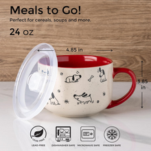 Load image into Gallery viewer, AmorArc 32 Ounces Ceramic Soup Mugs with Lids and Handle, Stoneware Bowls Cup Set of 2 for Soup, Stew, Noodle, Beautiful Mug Bowls With Lovely Dog,Cat Patterns, Microwave&Dishwasher Safe,Red
