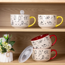Load image into Gallery viewer, AmorArc 32 Ounces Ceramic Soup Mugs with Lids and Handle, Stoneware Bowls Cup Set of 2 for Soup, Stew, Noodle, Beautiful Mug Bowls With Lovely Dog,Cat Patterns, Microwave&Dishwasher Safe,Red