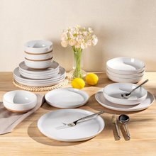 Load image into Gallery viewer, AmorArc Ceramic Dinnerware Sets for 4, 12 Pieces Handpainted Plates and Bowls Set with Rustic Terracotta Underside, Scratch Resistant Stoneware Dishes Set, Dishwasher & Microwave Safe, White