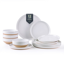Load image into Gallery viewer, AmorArc Ceramic Dinnerware Sets for 4, 12 Pieces Handpainted Plates and Bowls Set with Rustic Terracotta Underside, Scratch Resistant Stoneware Dishes Set, Dishwasher & Microwave Safe, White