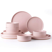Load image into Gallery viewer, AmorArc Ceramic Dinnerware Set for 4 | Speckled Stoneware Plates and Bowls with unglazed terracotta | Scratch Resistant, Dishwasher &amp; Microwave Safe Dishes Sets- 12-Pcs Pink
