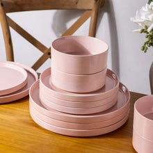 Load image into Gallery viewer, AmorArc Ceramic Dinnerware Set for 4 | Speckled Stoneware Plates and Bowls with unglazed terracotta | Scratch Resistant, Dishwasher &amp; Microwave Safe Dishes Sets- 12-Pcs Pink
