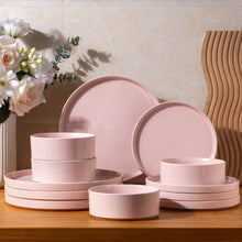 Load image into Gallery viewer, AmorArc Ceramic Dinnerware Set for 4 | Speckled Stoneware Plates and Bowls with unglazed terracotta | Scratch Resistant, Dishwasher &amp; Microwave Safe Dishes Sets- 12-Pcs Pink
