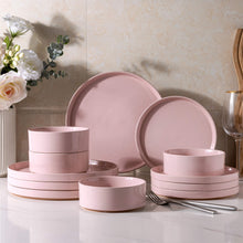 Load image into Gallery viewer, AmorArc Ceramic Dinnerware Set for 4 | Speckled Stoneware Plates and Bowls with unglazed terracotta | Scratch Resistant, Dishwasher &amp; Microwave Safe Dishes Sets- 12-Pcs Pink
