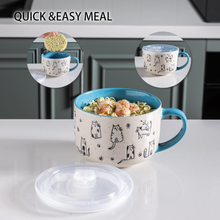 Load image into Gallery viewer, AmorArc 32 Ounces Ceramic Soup Mugs with Lids and Handle, Stoneware Bowls Cup Set of 2 for Soup, Stew, Noodle, Beautiful Mug Bowls With Lovely Dog,Cat Patterns, Microwave&amp;Dishwasher Safe, Blue
