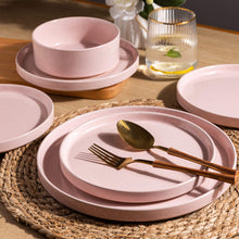 Load image into Gallery viewer, AmorArc Ceramic Dinnerware Set for 4 | Speckled Stoneware Plates and Bowls with unglazed terracotta | Scratch Resistant, Dishwasher &amp; Microwave Safe Dishes Sets- 12-Pcs Pink
