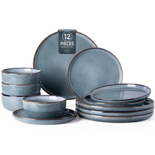 Load image into Gallery viewer, AmorArc Ceramic Dinnerware Sets for 4, 12 Pieces Stoneware Plates and Bowls Sets, Reactive Glaze Dishes -Scratch Resistant, Dishwasher&amp;Microwave Safe, Space Blue (Service for 4)
