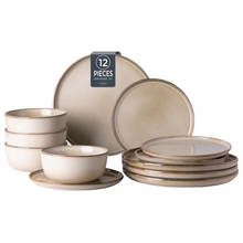 Load image into Gallery viewer, AmorArc Ceramic Dinnerware Sets for 4, 12 Pieces Stoneware Plates and Bowls Sets, Scratch Resistant Dishes, Dishwasher &amp; Microwave Safe, Reactive Glaze-Cappuccino (Service for 4)
