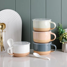 Load image into Gallery viewer, AmorArc Ceramic Soup Mugs with Handles and Lids,24 OZ Soup Cups Set of 2 with Terracotta Underside,Mug Bowls with Spoon for Soup/Cereal/Salad/Noodles/Ramen/Microware &amp;Dishwasher Safe-Grey&amp;Beige
