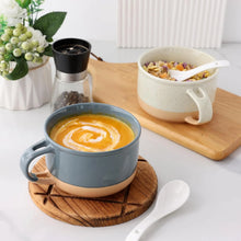 Load image into Gallery viewer, AmorArc Ceramic Soup Mugs with Handles and Lids,24 OZ Soup Cups Set of 2 with Terracotta Underside,Mug Bowls with Spoon for Soup/Cereal/Salad/Noodles/Ramen/Microware &amp;Dishwasher Safe-Grey&amp;Beige

