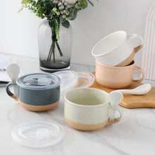 Load image into Gallery viewer, AmorArc Ceramic Soup Mugs with Handles and Lids,24 OZ Soup Cups Set of 2 with Terracotta Underside,Mug Bowls with Spoon for Soup/Cereal/Salad/Noodles/Ramen/Microware &amp;Dishwasher Safe-Grey&amp;Beige
