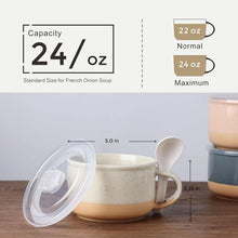 Load image into Gallery viewer, AmorArc Ceramic Soup Mugs with Handles and Lids,24 OZ Soup Cups Set of 2 with Terracotta Underside,Mug Bowls with Spoon for Soup/Cereal/Salad/Noodles/Ramen/Microware &amp;Dishwasher Safe-Grey&amp;Beige
