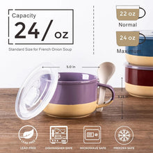 Load image into Gallery viewer, AmorArc Ceramic Soup Mugs with Handles and Lids,24 OZ Soup Cups Set of 2 with Terracotta Underside,Mug Bowls with Spoon for Soup/Cereal/Salad/Noodles/Ramen/Microware &amp;Dishwasher Safe-Green&amp;Purple
