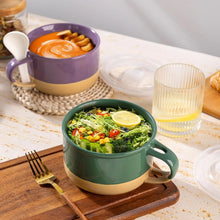 Load image into Gallery viewer, AmorArc Ceramic Soup Mugs with Handles and Lids,24 OZ Soup Cups Set of 2 with Terracotta Underside,Mug Bowls with Spoon for Soup/Cereal/Salad/Noodles/Ramen/Microware &amp;Dishwasher Safe-Green&amp;Purple
