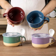 Load image into Gallery viewer, AmorArc Ceramic Soup Mugs with Handles and Lids,24 OZ Soup Cups Set of 2 with Terracotta Underside,Mug Bowls with Spoon for Soup/Cereal/Salad/Noodles/Ramen/Microware &amp;Dishwasher Safe-Green&amp;Purple
