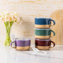 Load image into Gallery viewer, AmorArc Ceramic Soup Mugs with Handles and Lids,24 OZ Soup Cups Set of 4 with Terracotta Underside,Mug Bowls with Spoon for Soup/Cereal/Salad/Noodles/Ramen/Microware &amp;Dishwasher Safe-Multicolor-2
