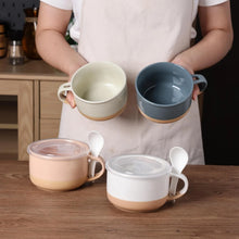 Load image into Gallery viewer, AmorArc Ceramic Soup Mugs with Handles and Lids,24 OZ Soup Cups Set of 2 with Terracotta Underside,Mug Bowls with Spoon for Soup/Cereal/Salad/Noodles/Ramen/Microware &amp;Dishwasher Safe-White &amp;Peach
