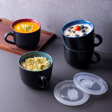 Load image into Gallery viewer, AmorArc Ceramic Soup Mugs with Lid, 24 oz Soup Cups with Hanlde for Coffee,Cereal,Salad,Noodles,Tea,Soup Bowls Cups,Microwave &amp;Dishwasher Safe, Set of 4, Black with Vented lid
