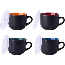 Load image into Gallery viewer, AmorArc Ceramic Soup Mugs with Lid, 24 oz Soup Cups with Hanlde for Coffee,Cereal,Salad,Noodles,Tea,Soup Bowls Cups,Microwave &amp;Dishwasher Safe, Set of 4, Multi-color with Vented lid
