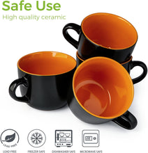 Load image into Gallery viewer, AmorArc Ceramic Soup Mugs with Lid, 24 oz Soup Cups with Hanlde for Coffee,Cereal,Salad,Noodles,Tea,Soup Bowls Cups,Microwave &amp;Dishwasher Safe, Set of 4, Orange with Vented lid
