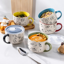 Load image into Gallery viewer, AmorArc 32 Ounces Ceramic Soup Mugs with Lids and Handle, Stoneware Bowls Cup Set of 2 for Soup, Stew, Noodle, Beautiful Mug Bowls With Lovely Dog,Cat Patterns, Microwave&amp;Dishwasher Safe, Black
