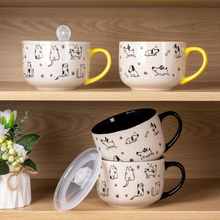Load image into Gallery viewer, AmorArc 32 Ounces Ceramic Soup Mugs with Lids and Handle, Stoneware Bowls Cup Set of 2 for Soup, Stew, Noodle, Beautiful Mug Bowls With Lovely Dog,Cat Patterns, Microwave&amp;Dishwasher Safe, Black
