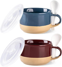 Load image into Gallery viewer, AmorArc Ceramic Soup Mugs with Handles and Lids,24 OZ Soup Cups Set of 2 with Terracotta Underside,Mug Bowls with Spoon for Soup/Cereal/Salad/Noodles/Ramen/Microware &amp;Dishwasher Safe-Blue&amp;Red

