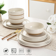 Load image into Gallery viewer, AmorArc Ceramic Dinnerware Sets for 4, 12 Pieces Handpainted Plates and Bowls Set with Rustic Terracotta Underside, Scratch Resistant Stoneware Dishes Set, Dishwasher &amp; Microwave Safe,Light Beige
