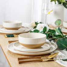Load image into Gallery viewer, AmorArc Ceramic Dinnerware Sets for 4, 12 Pieces Handpainted Plates and Bowls Set with Rustic Terracotta Underside, Scratch Resistant Stoneware Dishes Set, Dishwasher &amp; Microwave Safe,Light Beige
