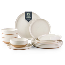 Load image into Gallery viewer, AmorArc Ceramic Dinnerware Sets for 4, 12 Pieces Handpainted Plates and Bowls Set with Rustic Terracotta Underside, Scratch Resistant Stoneware Dishes Set, Dishwasher &amp; Microwave Safe,Light Beige
