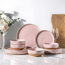 Load image into Gallery viewer, AmorArc Ceramic Dinnerware Sets for 4, 12 Pieces Handpainted Plates and Bowls Set with Rustic Terracotta Underside, Scratch Resistant Stoneware Dishes Set, Dishwasher &amp; Microwave Safe, Cloud Pink
