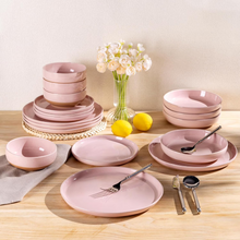 Load image into Gallery viewer, AmorArc Ceramic Dinnerware Sets for 4, 12 Pieces Handpainted Plates and Bowls Set with Rustic Terracotta Underside, Scratch Resistant Stoneware Dishes Set, Dishwasher &amp; Microwave Safe, Cloud Pink

