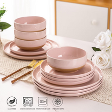 Load image into Gallery viewer, AmorArc Ceramic Dinnerware Sets for 4, 12 Pieces Handpainted Plates and Bowls Set with Rustic Terracotta Underside, Scratch Resistant Stoneware Dishes Set, Dishwasher &amp; Microwave Safe, Cloud Pink
