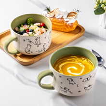 Load image into Gallery viewer, AmorArc 32 Ounces Ceramic Soup Mugs with Lids and Handle, Stoneware Bowls Cup Set of 2 for Soup, Stew, Noodle, Beautiful Mug Bowls With Lovely Dog,Cat Patterns, Microwave&amp;Dishwasher Safe, Olive
